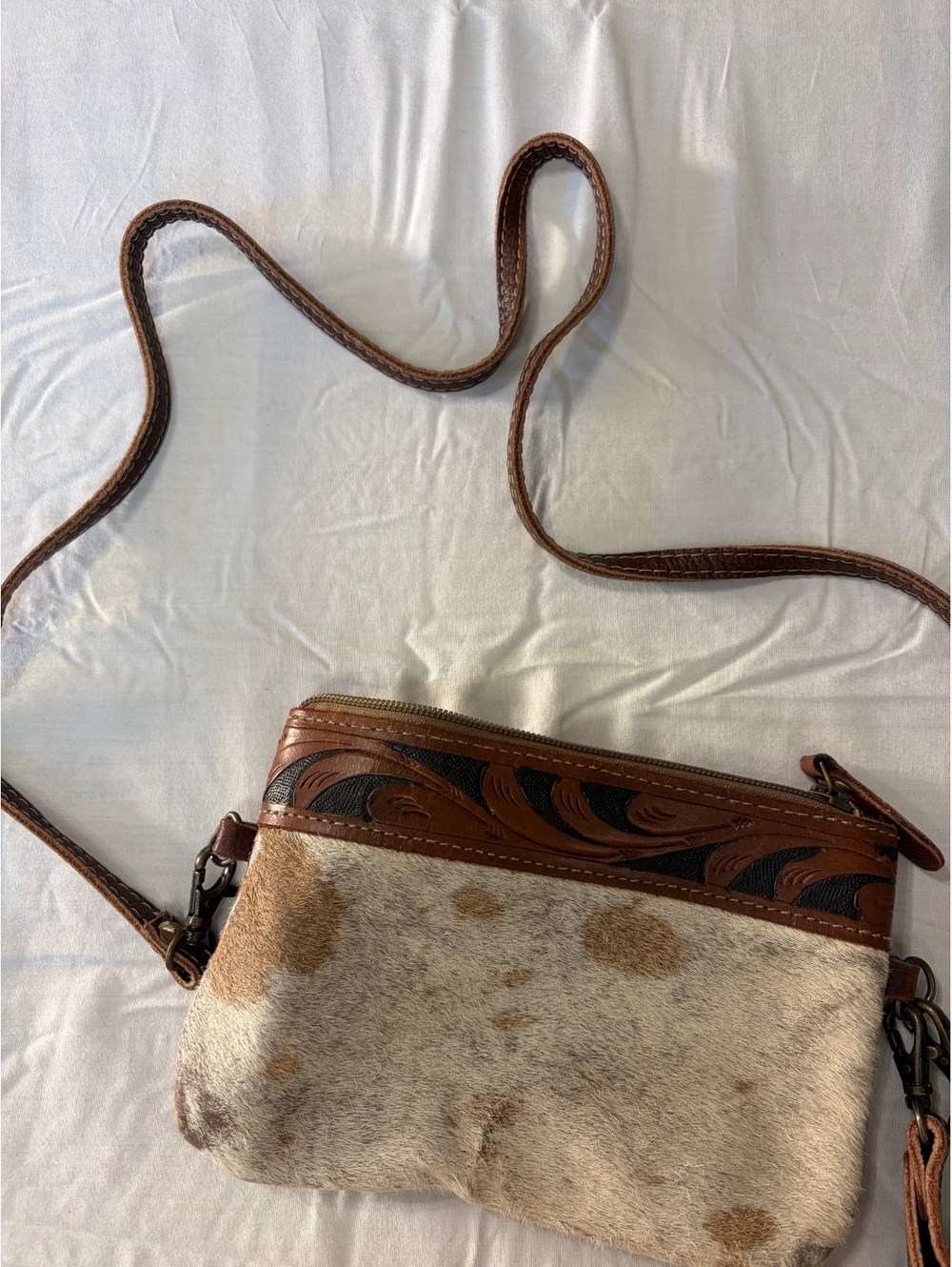 Myra HOH Brown and White Cowhide Leather Crossbody Bag with Detachable Strap